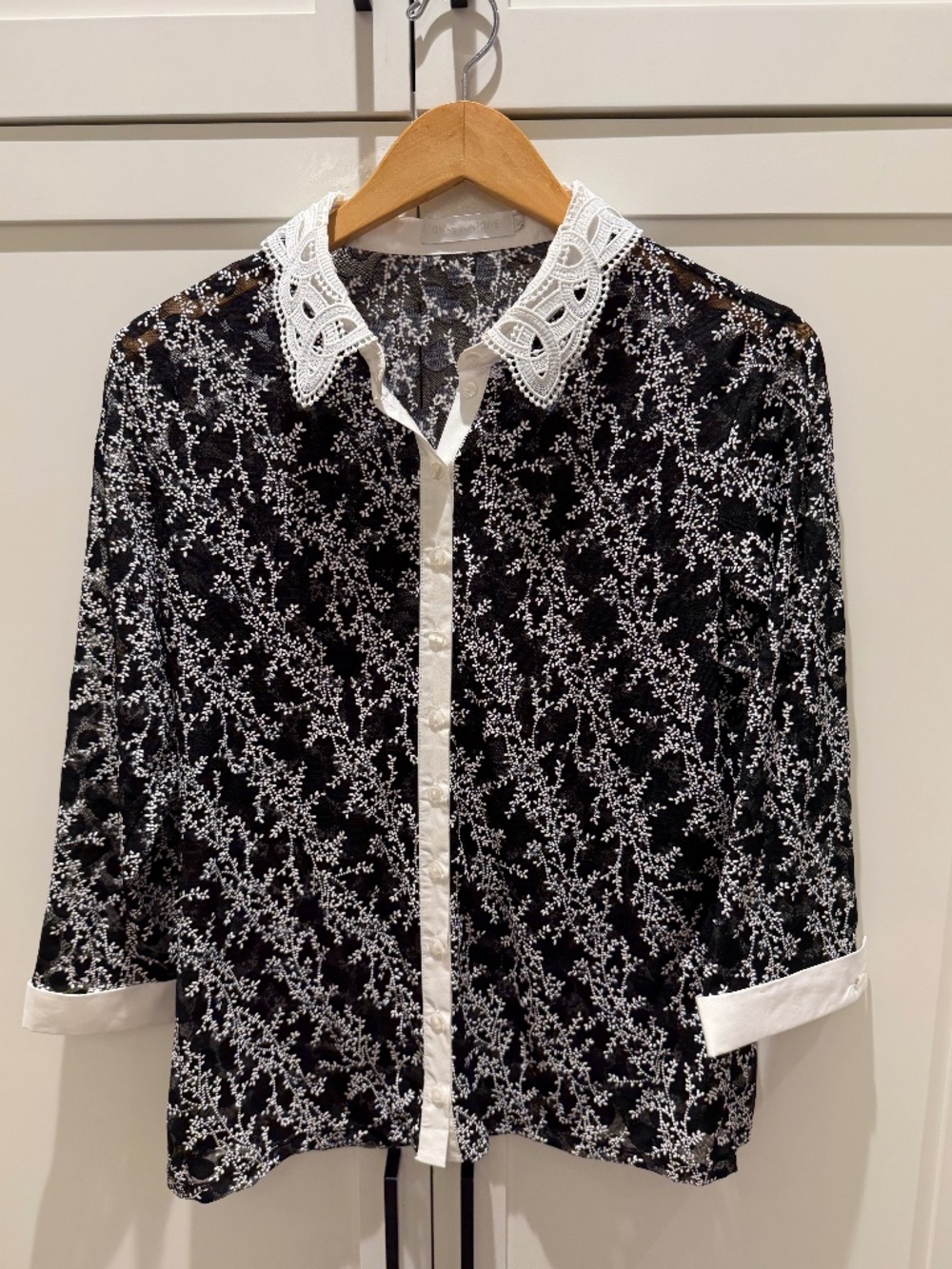 Anne Fontaine Black White Lace Blouse Ornate Peter Pan Collar Size 44 / US 12